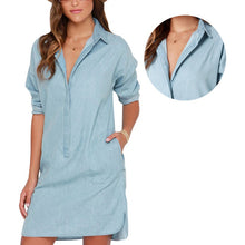 Women's Washed Denim Jean Dress Loose Casual Long Sleeve Shirt Dresses