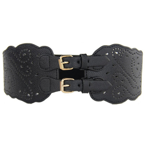 Womens Double Buckle Elastic Waist Belt Wide Stretch Corset Waistband