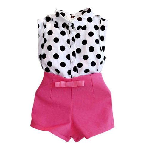 Girls Clothes Kids Boutique Outfits Sleeveless Polka Dot Blouse + Pink Short Pants Clothes Set 2-6Y