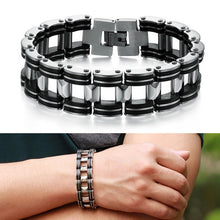 Men Silver Stainless Steel Bracelets Black Rubber Motorcycle Biker Chain Link Bracelet