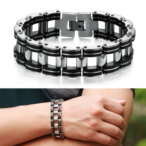Men Silver Stainless Steel Bracelets Black Rubber Motorcycle Biker Chain Link Bracelet