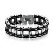 Men Silver Stainless Steel Bracelets Black Rubber Motorcycle Biker Chain Link Bracelet
