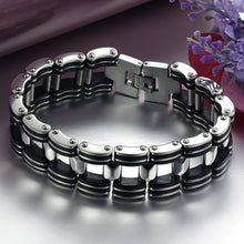 Men Silver Stainless Steel Bracelets Black Rubber Motorcycle Biker Chain Link Bracelet