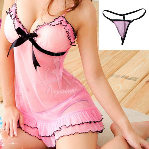 Sexy Women Pink Lace Baby Dolls Nightdress With Lingerie Babydoll Set Sleepwear LY5