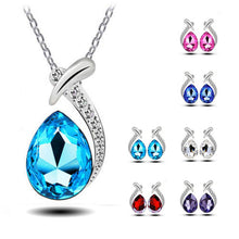 Women Crystal Pendant Chain Necklace Stud Silver Plated Earrings Jewelry Set