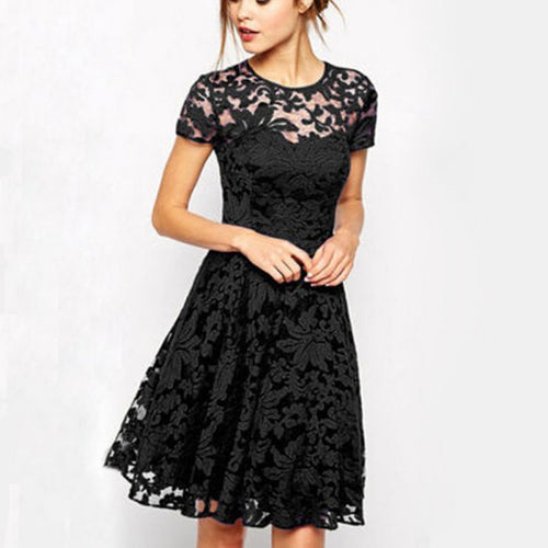 Women Floral Lace Dress Short Sleeve Party Casual Color Blue Red Black Mini Dresses Vestidos