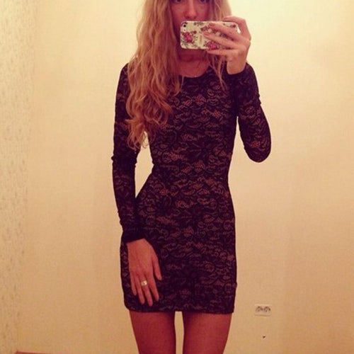 Women Sexy Slim Bodycon Lace Floral Mini Dress Long Sleeve Club Party Dresses