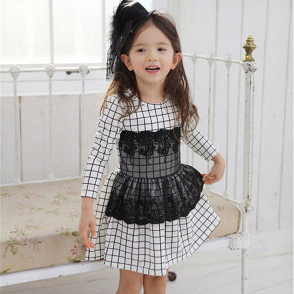Kids Baby Girls Dress Long Sleeve One Piece Dresses Lace Plaids Checks 2-6Y Costume Freeshiping