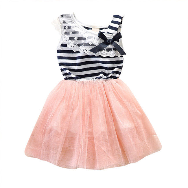 Kids Baby Girls Stripe Lace Tutu Dress Brace Bowknot Ruffle Tulle Baby One-piece Dresses 2-6Years