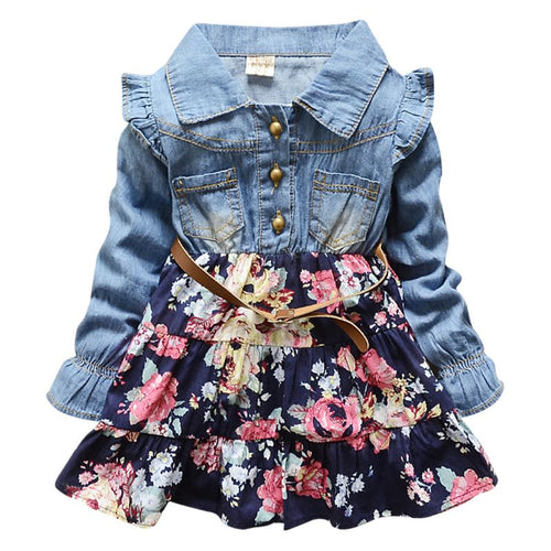 Kids Girl Long Sleeve Jeans Flower Dresses Demin Tutu Dress One-piece Y2