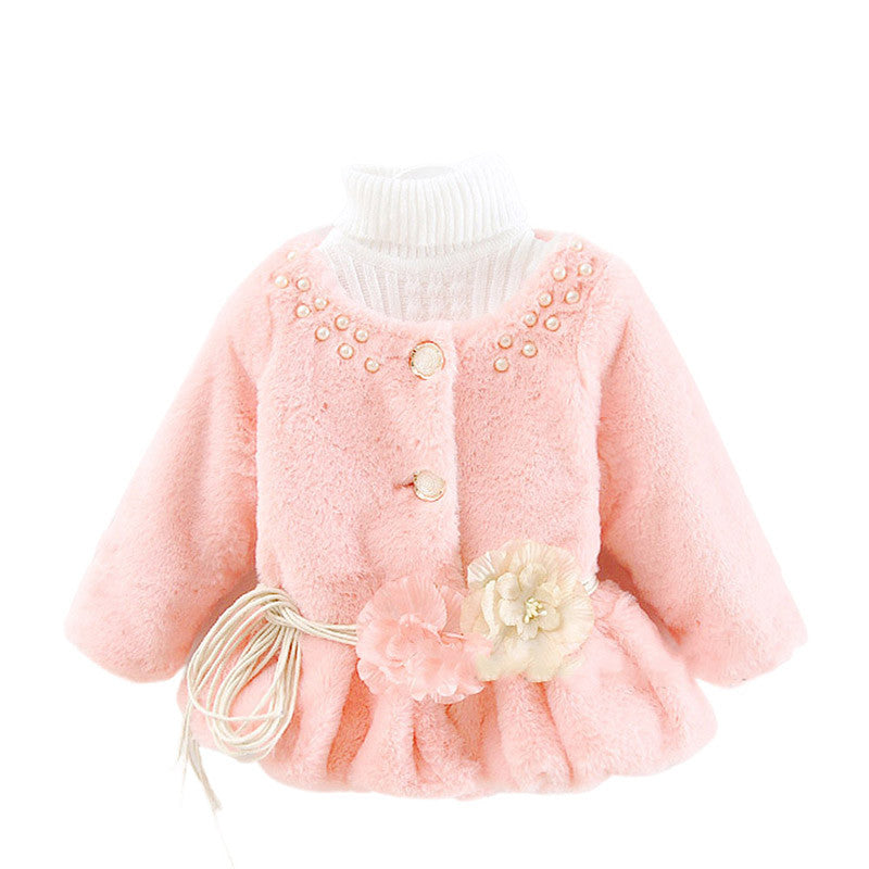 Kids Girls Baby Soft Faux Fur Fleece Warm Flower Belt Jacket Coat Outwear