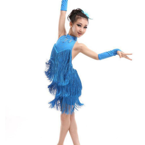 Kids Tasseled Ballroom Latin Salsa Dancewear Girls Party Dance Costume Dress