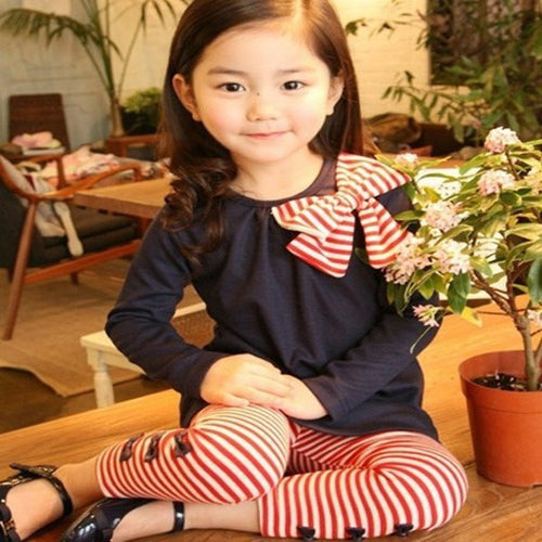Lovely Girls Clothing Sets Long Sleeve Shirts Bow Striped Leggings Pajama Suit Sets 3-8 Y