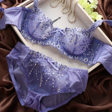 Transparent Sexy Bra and Panty Set Plus  Women Lace Ultra-thin Blue Underwear Sets 32-38B
