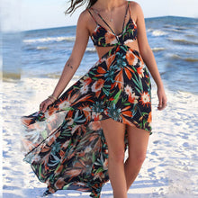 Women  Sexy Print Chiffion Dress Backless Boho Halter Maxi Beach Hollow Out Wrap Party Dresses