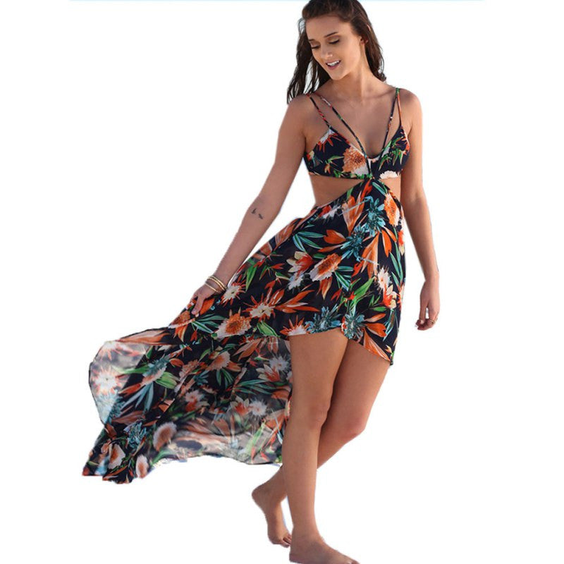 Women  Sexy Print Chiffion Dress Backless Boho Halter Maxi Beach Hollow Out Wrap Party Dresses
