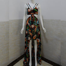 Women  Sexy Print Chiffion Dress Backless Boho Halter Maxi Beach Hollow Out Wrap Party Dresses