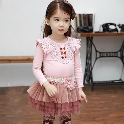 Kids Girls Lace Bowknot Ruffled Cotton Bottoming Shirts Blouse Baby Long Sleeve Tops Clothing
