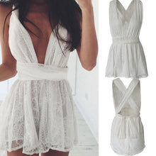 women lace beach boho dress casual deep V neck sleeveless backless party dress white strap swimmwear beach Clothes