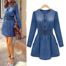 Vintage Women Long Sleeved Slim Fit Casual Denim Jeans Party Mini Dress Blue