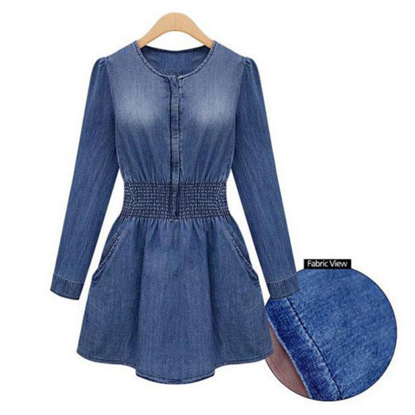 Vintage Women Long Sleeved Slim Fit Casual Denim Jeans Party Mini Dress Blue