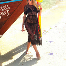Women Lace Dresses Casual Long Black Short Sleeve O Neck See Through Beach Wear B4