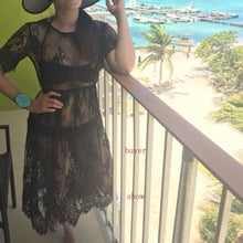 Women Lace Dresses Casual Long Black Short Sleeve O Neck See Through Beach Wear B4