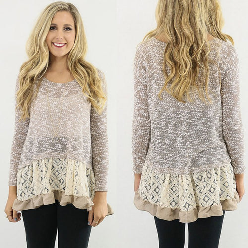 Women Long Sleeve Slim Lace Hem off Two Sweater Knitting Wool Warm Pullover