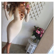 Women Sexy Bandage Bodycon Casual Midi Dress Long Sleeve Party Dresses