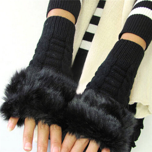 Women Warm Soft Fur Fingerless Gloves Wrist Hand Knitted Mitten Wool Glove PY6