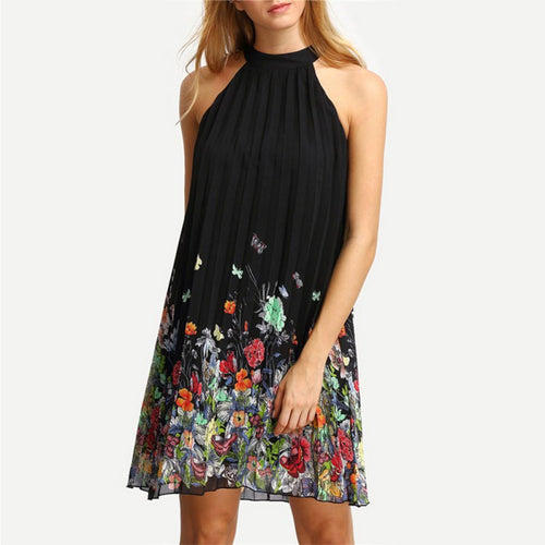 Womens Floral Print Mini Dress Round Neck Sleeveless Casual Clothing Cut Away Shift Chiffon Halter Dresses