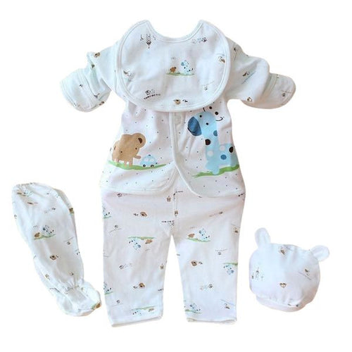 born 0-3 Months Baby Boy Girl 5pcs Clothing Sets Cotton Cartoon Monk Tops Pants Bib Hats Infant Clothes