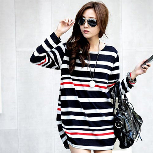 Pregnancy Women's Mini Dress Maternity Long Sleeve Stripe Top Blouse Shirt Tee Femme