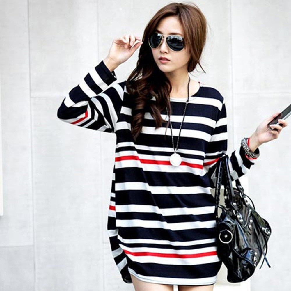 Pregnancy Women's Mini Dress Maternity Long Sleeve Stripe Top Blouse Shirt Tee Femme