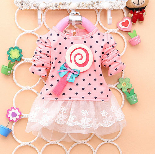 Princess Baby Kids Girls Lace Dress Candy Polka Dot Print Long Sleeve Shirt Dresses