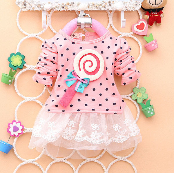Princess Baby Kids Girls Lace Dress Candy Polka Dot Print Long Sleeve Shirt Dresses