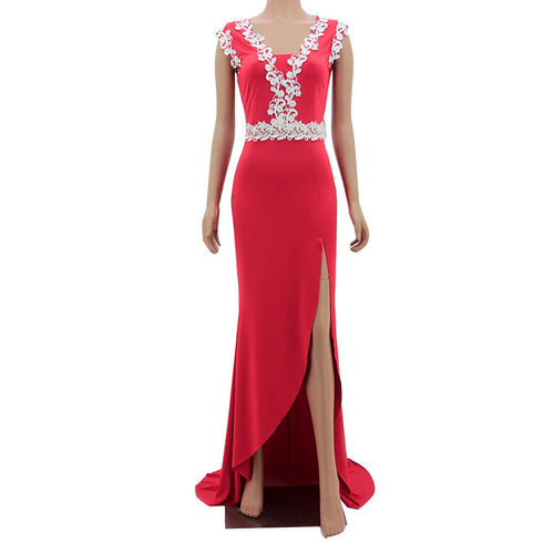 ROPALIA Sexy Backless Dress V-neck Embroider Trailing Party Beach Party Dress