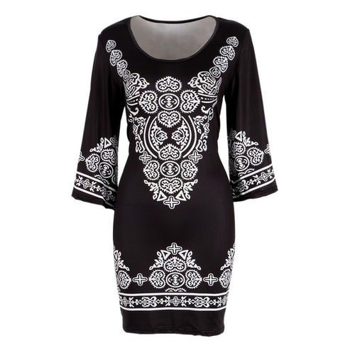 Retro Style Sexy Women Bodycon Dress Floral Printed 3/4 Sleeve Casual Mini Dresses Robe Femme