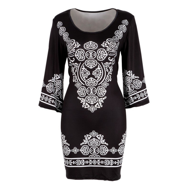 Retro Style Sexy Women Bodycon Dress Floral Printed 3/4 Sleeve Casual Mini Dresses Robe Femme