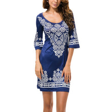 Retro Style Sexy Women Bodycon Dress Floral Printed 3/4 Sleeve Casual Mini Dresses Robe Femme