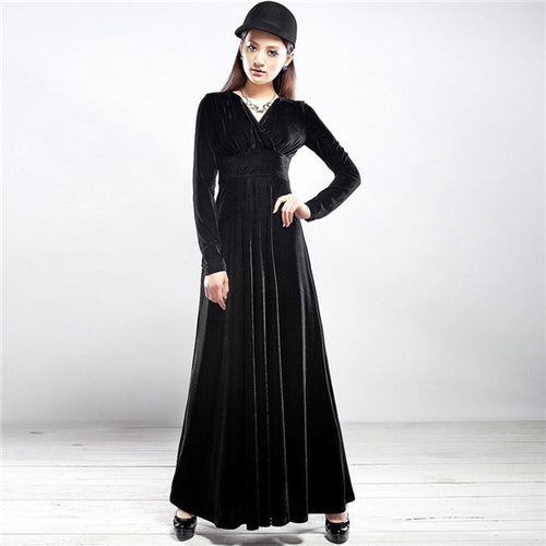 Sexy Elegant Velvet Warm Maxi Dress Women Long Sleeve Deep V Dresses 5 Colors