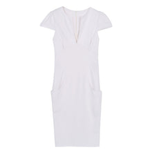 Sexy  Women Pencil Dress Sleeve Puff Plunge V-Neck Pocket Slim Bodycon Midi Office Dress OL Women Work Party Wear