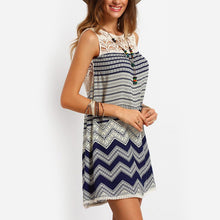 Sexy Print Lace Boho Mini Beach Dresses Korean Women Wave Striped Multicolor Sleeveless O-neck Yoke Shift Loose Tank Rayon Dress