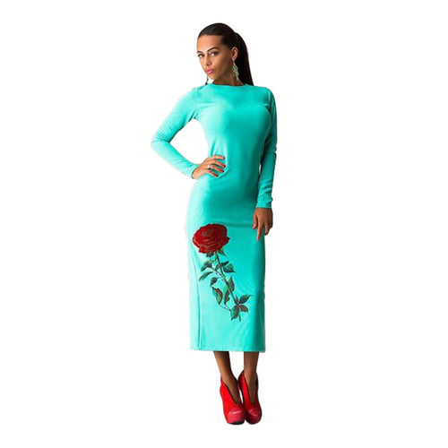 Sexy Women Flowers Elegant Print Long Sleeve Slim Bodycon Party Dresses Plus Big  Evening Clubwear 5 Color
