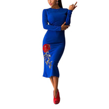 Sexy Women Flowers Elegant Print Long Sleeve Slim Bodycon Party Dresses Plus Big  Evening Clubwear 5 Color