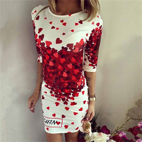 Sexy Women Half Sleeve Slim Heart Pattern Floral Print Bodycon Mini Party Dress