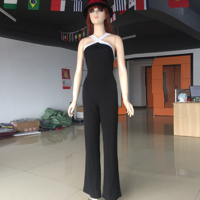 Sexy Women Halter Bodycon Elegant Playsuit Sleeveless Patchwork Black Jumpsuit Romper Trousers Clubwear