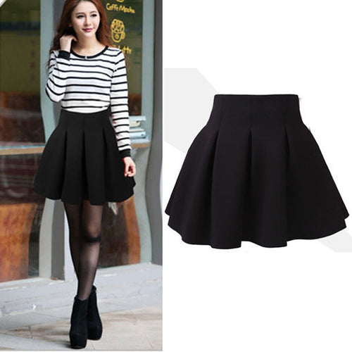 Sexy Womens High Waist Skater Mini Skirt Plain Flared Pleated A-Line Short  Whole