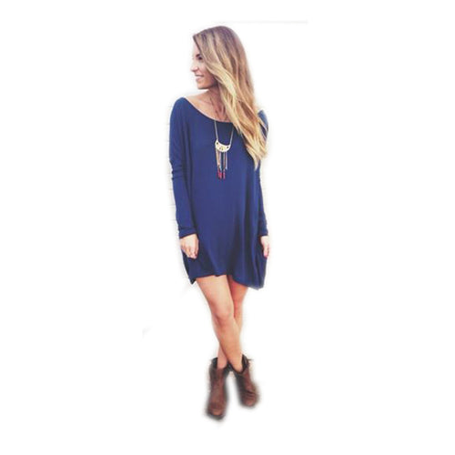 Solid Color Women Girl Casual Dress Cotton Blend Long Sleeve Loose Shirt Dress Blue