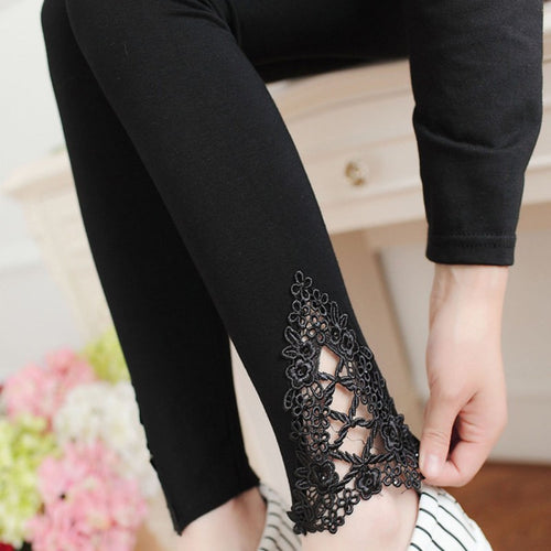 Women Cozy Modal Cotton Knitted Leggings Lace Print Flower Hollow Out Stretch Pants